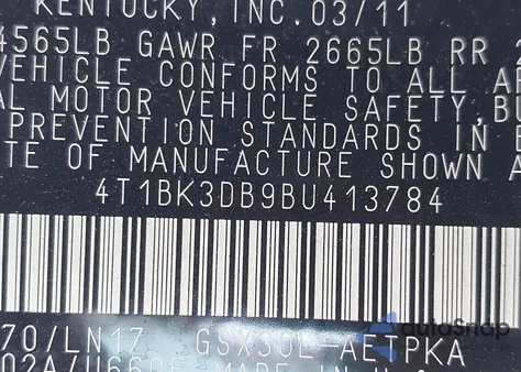 2011 Toyota Avalon Limited z USA, uszkodzony, nr VIN 4T1BK3DB9BU413784